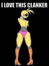 bib black_background clanker five_nights_at_freddy's fnaf from_behind_view heels impact_(font) jorbothegoof looking_at_viewer looking_back medium_breasts meme robot robot_girl sideboob smiling_at_viewer solo tagme toy_chica_(fnaf)