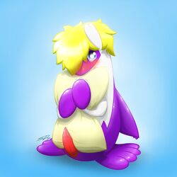 blonde_hair blue_eyes blush erection fan_character feral hair latios legendary_pokemon looking_at_viewer male male_only nintendo penis pillow pokemon pokemon_(species) precum purple_skin spongepierre streetdragon95 video_games