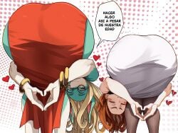 2d 2d_(artwork) 2girls absurdres aged_up amen_pose_(meme) ass big_ass black-framed_eyewear blonde_hair blue_eyes boku_no_hero_academia bracelet brown_hair closed_eyes commentary_request dress furry furry_female glasses greying_hair heart heart_hands highres ippan_josei jewelry long_hair looking_at_viewer meme multiple_girls my_hero_academia ochako_uraraka polka_dot polka_dot_background praise_da_booty_(meme) red_dress round_eyewear short_hair spanish_commentary spanish_text speech_bubble translation_request uraraka_ochako vlizz white_background white_dress