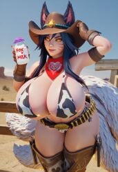 ahri league_of_legends riot_games nai_diffusion stable_diffusion ai_generated vastaya black_hair yellow_eyes multiple_tails tail tails whisker_markings cowgirl_outfit cowboy_hat cow_print cow_print_bikini thighhigh_boots holster bandolier bullet belt bottle milk_bottle text animal_ears gloves desert outdoors bandana thick_thighs breasts large_breasts huge_breasts gigantic_breasts curvy busty slit_pupils lips 3d