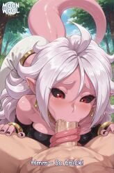 ai_generated ai_assisted breasts uncensored thick_thighs thighs thick_ass curvy curvy_female curvy_body moonwool_branch long_hair messy messy_hair white_hair black_sclera red_eyes pointy_ears android_21 majin_android_21 pink_skin big_breasts large_breasts huge_breasts tail bare_shoulders cleavage dragon_ball dragon_ball_fighterz comic talking talking_to_viewer caption horny horny_female aroused aroused_female blowjob fellatio oral oral_sex sucking sucking_penis deepthroat long_tongue very_long_tongue pov male_pov