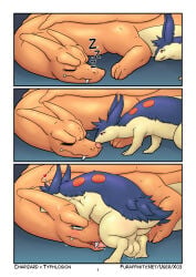 3_toes anthro anus balls big_balls big_butt blue_body blue_fur blush butt charizard duo erection feet from_behind_position fur generation_1_pokemon generation_2_pokemon genitals hi_res horn lying male male/male nintendo open_mouth oral orange_body penis pokemon pokemon_(species) sex sleep_sex sleeping toes tongue tongue_out toolatefortacos typhlosion yellow_balls yellow_body yellow_fur