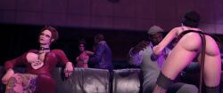 2boys 3d 3d_(artwork) 3dcg 3girls absurd_res absurd_resolution absurdres beautiful_women brown_hair_female cleavage collar crossed_legs_(sitting) cutscene edited_screencap fake_animal_tail fake_horns fishnet_legwear fishnet_stockings game_cg grey_thong high_resolution highres huge_breasts indifferent lapdance lingerie microskirt multiple_tattoos pierce_(saints_row) polly_(saints_row) prostitution red_microskirt red_skirt saints_row saints_row_the_third shogunxdd short_hair_female skirt source_request stripper strippers tattoos the_boss_(shogun) thong unbothered uncaring uncaring_female upskirt