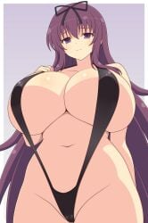 arm_behind_back black_swimsuit cameltoe curvy gigantic_breasts hand_on_breast huge_breasts looking_at_viewer low-angle_view low_angle murasaki_(senran_kagura) plump senran_kagura slingshot_swimsuit thick_thighs voluptuous wide_hips