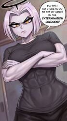 1girls abs ai_generated angel angel_female angel_halo arms_crossed athletic athletic_female big_breasts black_halo black_pants black_shirt breasts crossed_arms female female_focus fit fit_female halo hazbin_hotel hazbin_hotel_(season_2) hellaverse high_res high_resolution hires indoors inside large_breasts lute_(hazbin_hotel) muscles night nighttime pants sexy sexy_body sexy_female shirt short_hair tagme text text_bubble toned toned_female voluptuous voluptuous_body voluptuous_female white_hair white_sclera white_skin yellow_eyes