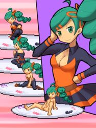 ace_trainer_(pokemon) ace_trainer_(pokemon_bw) akai_(ugokashitari) blue_hair breasts cleavage female nintendo pantyhose pixel_art pokemon pokemon_bw pokemon_bw2 tagme undressing