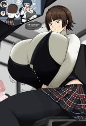 alternate_breast_size background blush braid breast_expansion breast_focus breast_growth breasts_bigger_than_head breasts_bigger_than_torso brown_hair bursting_breasts button_gap classroom cutaway dialogue emmarrgus expansion from_below gigantic_breasts growth growth_drive haru_okumura hyper hyper_breasts hyper_genitalia inconvenient_breasts looking_down makoto_niijima nervous nervous_smile persona persona_5 pills school_desk school_uniform sitting speech_bubble tae_takemi talking_to_another thought_bubble wardrobe_malfunction