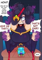 colette_(brawl_stars) endorx sharp_teeth sharp_nails gradient_hair black_hair black_dress gold_jewelry medium_breasts exposed_shoulders shocked shocked_expression magenta_eyes makeup headband brawl_stars