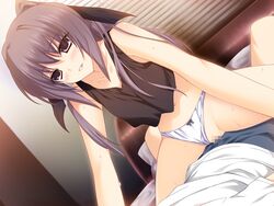 bed black_ribbon brown_eyes brown_hair censored female hair_ribbon iizuki_tasuku inubousaki_aya long_hair lovely_x_cation mosaic_censoring navel panties ribbon sex underwear wet white_panties