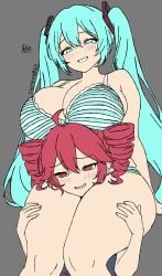 2girls ahoge alternate_breast_size aqua_eyes aqua_hair artist_name blush bra breast_rest breasts breasts_on_head crossover drill_hair face_between_thighs grey_background grin half-closed_eyes hand_on_another hand_on_another's_thigh hatsune_miku head_between_thighs huge_breasts kasane_teto large_breasts long_hair looking_at_viewer looking_down multiple_girls panties piggyback pov red_eyes red_hair s_thigh simple_background sitting smile striped striped_bra striped_panties theoneand0din thick_thighs thighs twin_drills twintails underwear underwear_only utau very_long_hair vocaloid yuri