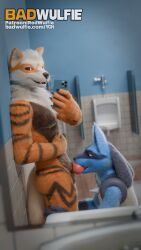 3d_(artwork) 5_fingers absurd_res animal_genitalia animal_penis anthro anthro_on_anthro arcanine balls bathroom bathroom_sex biped black_nose blender_(artwork) blender_cycles_(artwork) blue_balls blue_body blue_fur canid canine canine_genitalia canine_penis canis cellphone claws digital_media_(artwork) digitigrade door dryer duo electronics fellatio fingers fluffy fur generation_1_pokemon generation_4_pokemon genitals gloves_(marking) hair hand_on_belly hi_res holding_object holding_phone knot knot_root looking_at_viewer lucario luke_(red_wulfie) male male/male male_anthro mammal markings mirror neck_tuft nintendo nude open_mouth oral orange_body orange_fur pawpads paws penile penis phone pokemon pokemon_(species) public public_exposure public_nudity public_restroom public_sex ray_(red_wulfie) realistic red_wulfie reflection restroom_stall selfie sex sheath sink smartphone smile soap_dispenser standing standing_sex striped_body stripes sucking taking_picture tan_body tan_fur tile tile_wall toilet toilet_paper trash trash_can tuft urinal wall_(structure) watermark whiskers white_body white_whiskers