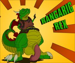 abstract_background ajder ammunition balls belly chubby claws clothed clothing dracorex dragon english_text gun horn male penis rangarig_rex ranged_weapon scalie solo tagme teeth text weapon wings