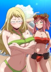 beach big_breasts bikini blonde_hair blue_eyes blue_sky blushing breasts cleavage dreadlocks glasses googles green_bean hiding_breasts large_breasts mei_hatsume melissa_shield multiple_girls my_hero_academia pink_hair scratching_head tools underboob
