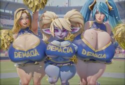 poppy luxanna_crownguard sona_buvelle league_of_legends yordle shortstack 3girls cheerleader nai_diffusion stable_diffusion ai_generated riot_games cheerleader_uniform cheering confetti 3d stadium blonde_hair blue_hair pink_eyes blue_eyes breasts big_breasts large_breasts huge_breasts gigantic_breasts thick_thighs curvy voluptuous pom_pom_(cheerleading) pom_poms lips cleavage text skirt cleavage_window