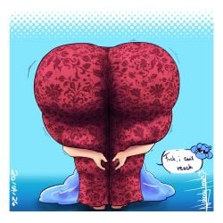 ass ass_bigger_than_head ass_crack ass_focus big_ass blue_hair forbidden_pants from_behind from_behind_position huge_ass hyper hyper_ass massive_ass nobodyknows red_pants shortstack slime_girl thick_ass thick_thighs uas_(nobodyknows) voluptuous voluptuous_body voluptuous_female