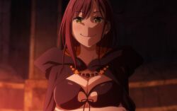 1girls arm_under_breasts big_breasts black_bra blush blushing blushing_at_viewer bra breasts brown_hair coat collar cute cute_expression cute_eyes cute_face cute_female cute_girl extremely_cute green_eyes hair_ornament happy_smile re:zero_kara_hajimeru_isekai_seikatsu red_pupils screencap sexy_girl shaula_(re:zero) smile smiling_at_viewer soft_blush upper_body upper_body_focus upper_body_only