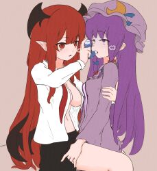 2girls absurdres asthma bat_wings blank_eyes blush bow breasts brown_background crescent crescent_hat_ornament dress english_commentary hair_bow hat hat_ornament head_wings highres implied_futanari implied_sex inhaler koakuma kokowoch long_hair long_sleeves looking_at_another medium_breasts mob_cap multiple_girls necktie open_mouth partially_unbuttoned patchouli_knowledge pointy_ears purple_eyes purple_hair red_eyes red_hair ribbon shirt skirt sweat touhou wings yuri