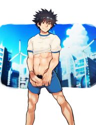 1boy abs black_hair blurry_background city_background erection gay kamijou_touma male male_only muscular penis penis_out presenting_penis robokeh shirt shirt_lift shorts smile solo spiky_hair sportswear testicles to_aru_majutsu_no_index wet wind_instrument yaoi