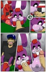 2015 animatronic anthro big_penis black_nose bonnie_(fnaf) bow_tie closed_eyes comic cum cum_in_mouth cum_inside deep_throat deepthroat erection eye_patch eyewear fellatio female five_nights_at_freddy's foxy_(fnaf) fur genderswap_(mtf) group group_sex half-closed_eyes head_push human humanoid_penis licking machine male mammal mike_schmidt oral oral_penetration orgasm penis penis_lick purple_fur red_fur robot rule_63 sex side_view sitting spread_legs spreading straight surprised thegeckodemon thegeckoninja threesome tongue tongue_out video_games