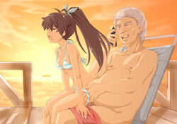 1boy age_difference bikini bikini_pull breasts brown_hair cheating cleavage cute_fang fat_man female ganaha_hibiki grey_hair higashitaishi idolmaster jewelry netorare old_man open_mouth penis petite phone ponytail ring sex straight strap_gap striped striped_bikini striped_swimsuit sunset swimsuit swimsuit_pull talking_on_phone tan tanline tied_hair wince