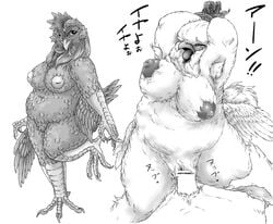 aliasing anthro arms_above_head avian big_breasts bird bound breasts bubonikku censored chicken chubby claws closed_eyes eyelashes feathers female fur hi_res interspecies japanese_text leg_grab looking_at_viewer male monochrome nude open_mouth overweight penetration penis pussy simple_background straight tears text tongue vaginal_penetration white_background wings