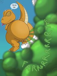anthro balls blush blush_lines butt butt_jiggle canonical_scene claws dialogue dinosaur fart fart_cloud farting_at_viewer flying genitals gon_(character) gon_(series) grunting hi_res hyper hyper_fart jiggling laugh laughing_at_viewer male midair name_in_dialogue neko_petter nude nude_anthro onomatopoeia pokemon_speak powerful_fart prehistoric_species relieved reptile scalie solo sound_effects tail tan_body teasing_with_butt text tongue tongue_out yellow_body