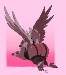 2026 absurd_res anthro avian avian_feet back_wings beak big_butt blue_eyes blush body_blush breasts brown_body butt clothing dated exposed_breasts feathered_wings feathers female genitals gryphon hi_res lingerie lofiflavors looking_back lying markings mythological_avian mythological_creature mythology on_front pink_background presenting presenting_hindquarters rear_view scuted_feet scutes signature simple_background solo spots spotted_markings tadame_(toumak) tail tail_feathers thick_thighs vulva wings yogoat