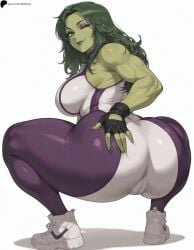 1girl 1girls ai_generated ass black_gloves bodysuit breasts cameltoe closed_mouth fingerless_gloves gloves green_eyes green_hair green_skin hi_res high_quality high_resolution highres huge_ass large_breasts legs light lips long_hair looking_back marvel marvel_comics muscular muscular_female nose one_eye_closed opal_nemy patreon_logo patreon_url patreon_username plain_background self_upload shadow she-hulk she-hulk:_attorney_at_law shiny shiny_clothes shiny_hair shiny_skin shoes simple_background solo squatting thick_thighs thighs watermark white_background white_footwear