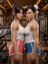 chun-li chun-li_(street_fighter_6) mai_shiranui mai_shiranui_(street_fighter_6) street_fighter street street_fighter_6 white_tank_top tank_top fitness_center photorealistic high_fidelity sweat gym depth_of_field cinematic_lighting looking_at_viewer muscular_female muscular fit_female fit short_pants blue_shorts pink_shorts aveen_lie ai_generated ai game_character chest_to_chest capcom