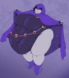 1girls boots cloak dc dc_comics double_chin fat fat_female gigantic_ass gigantic_belly gorgeouswaifudom hook huge_breasts leotard morbidly_obese morbidly_obese_female obese obese_female one_eye_visible raven_(dc) smile teen_titans thick_thighs