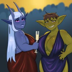2girls alcohol areola_slip bedroom_eyes blue_skin cleavage dress fi_(regret_everything) freckles goblin goblin_female gracie_(shortestbreather) green_skin horns huge_ass huge_breasts imminent_sex imp long_hair looking_at_viewer party revealing_clothes sharp_teeth short_hair shortestbreather shortstack smiling