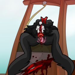 1:1 absurd_res autofellatio black_body blood bodily_fluids erection fellatio furry furry_only genitals gore grabbing_head guillotine guro hi_res low-angle_view male male_focus male_only masturbation multi_eye nethermare oral oral_masturbation penile penile_masturbation penis severed_body_part severed_head sex shizameakanzatsu solo