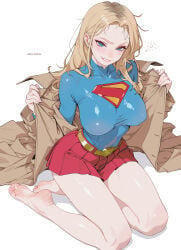 1girl 1girls absurdres artist_name bare_legs barefoot belt blonde_hair blue_shirt breasts brown_coat coat commentary_request covered_erect_nipples dc_comics dcu dumb_girl feet forehead highres impossible_clothes impossible_shirt kneeling large_breasts long_hair long_sleeves looking_at_viewer melowh miniskirt open_clothes open_coat paid_reward_available pleated_skirt red_skirt shirt skirt soles solo squeans supergirl supergirl_(dcu) superhero_costume superman_(2025) superman_(series) superman_logo sweat toes trench_coat white_background yellow_belt