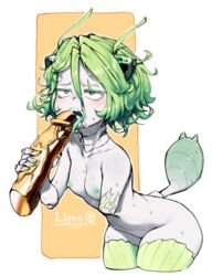 amputee blush female flat_chested green_eyes green_hair green_tail green_tongue handjob lime looking_up milf monster_girl oral scars sharp_teeth taikodon