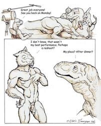 anthro armband being_watched chris_sawyer comic dialogue dinosaur english_text feline female feral flaccid furry humanoid_penis humor interspecies larger_feral male mammal monochrome nude penis predator/prey prey_for_me_(comic) raptor saber-toothed_cat scalie sepia text toned