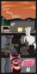 1boy 1girls 2026 ahoge anger_vein assault_rifle big_breasts black_boots black_gloves black_pants black_sleeves black_sweater boots bra breasts brown-skinned_male brown_skin building bunny_boy bunny_ears cat_ears cleavage clothed clothed_female clothed_male coello comic commission dark-skinned_male dark_skin dialogue english_text eyebrows eyebrows_visible_through_hair eyelashes female fn_fal freckles freckles_on_face fully_clothed fully_clothed_female fully_clothed_male gloves goggles goggles_on_head grey_eyes gun gun_holster hair_tie half-closed_eyes head_ring holding_gun indoors kemonomimi light-skinned_female light_skin long_gloves long_hair looking_at_another magazine_(gun) male nipple_bulge onomatopoeia open_mouth original_character original_characters pants parking_lot penismaster48 pink_eyes pink_hair ponytail red_bra red_scarf rixi_(rixilirous) roblox roblox_avatar robloxian rolled_up_sleeves scarf shooting_range short_ponytail silhouette sleeves speech_bubble standing street_lamp sunset sweater tail taunting teeth text tongue van white_hair