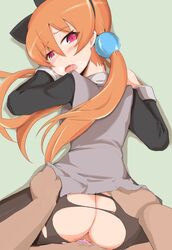 1boy alisa_southerncross animal_ears ass breath cat_ears condom female from_behind highres keroro_gunsou long_hair looking_back lying on_stomach open_mouth orange_hair pantyhose penetration pov purple_eyes pussy sex straight tenpura_(megusama) tied_hair torn_clothes torn_pantyhose twintails vaginal_penetration waist_grab