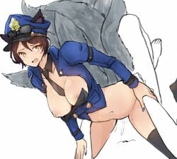 ahri animal_ears black_legwear blush breasts brown_eyes brown_hair clothing female fox_ears fox_tail fur furry_tail huge_breasts humanoid jorin league_of_legends looking_at_viewer mole mole_on_breast multiple_tails navel necktie nipples officer_ahri open_mouth penetration police police_uniform policewoman sex short_hair solo_focus spread_legs sunglasses sunglasses_on_head tail thighhighs uniform vaginal_penetration