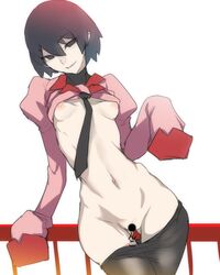 ban black_eyes black_hair black_legwear bob_cut breasts brunette censored erect_nipples female hairless_pussy highres innie_belly_button light-skinned_female long_sleeves looking_at_viewer monogatari_(series) navel necktie nipples no_panties oshino_ougi owarimonogatari pale-skinned_female pants_down pantyhose petite pink_nipples presenting presenting_breasts pussy railing school_uniform seductive seductive_eyes seductive_look shirt_lift shirt_up short_hair sleeves_past_wrists small_breasts smile solo thigh_gap thin_female thin_waist toned toned_belly toned_body toned_female toned_stomach