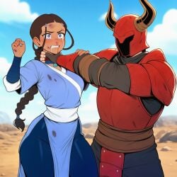 1boy 1girls ai ai_assisted ai_generated armor avatar_the_last_airbender bruised caught crying curvy curvy_figure dark-skinned_female dominant_male domination dress katara prussia123 ryona sexy sexy_clothing sexy_female strangling