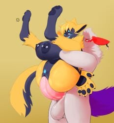 anthro areola balls big_breasts big_butt big_hands black_body black_nipples black_pawpads blonde_hair blue_eyes blue_facial_markings blue_nose blue_pubes blue_tongue bodily_fluids bouncing_balls breasts bridge_piercing butt chain_piercing claws digital_media_(artwork) duo ear_piercing erection eyewear eyewear_only facial_markings facial_piercing felid feline felis female female_penetrated full_nelson fur generation_3_pokemon generation_7_pokemon genital_fluids genital_piercing genitals glasses glasses_only hair head_markings hi_res huge_breasts humanoid_genitalia humanoid_penis kureto leg_markings legendary_pokemon male male/female male_penetrating male_penetrating_female mammal marble markings multicolored_body navel navel_piercing nikita_sakimoto_(zeddkatt) nintendo nipple_piercing nipples nose_piercing nude open_mouth pawpads paws penetration penile penile_penetration penis penis_in_vagina piercing pink_penis pink_sclera pokemon pokemon_(species) pubes purple_tail sex side_view simple_background smile stand_and_carry_position standing standing_sex tail teeth thick_thighs tongue vaginal vaginal_penetration vulva vulva_piercing wearing_glasses white_balls white_body white_eyes white_fur white_hair yellow_background yellow_body yellow_fur zangoose zeraora