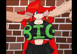 angel_the_catgirl angelthecatgirl anthro big_breasts blue_eyes breasts clothed clothing cum erect_nipples feline female fur hair handjob huge_breasts long_hair male mammal nipples penis red_fur skirt sonic_(series)