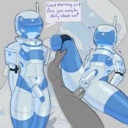 anal anal_penetration balls burachn1k duo english_text erection femboy from_front_position genitals hi_res human humanoid lying machine male male/male mammal missionary_position multicolored_body on_back one_leg_up penetration penis raised_leg robot sex speech_bubble splint_(artlegionary) standing text two_tone_body white_body