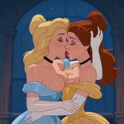 2girls ai ai-created ai_generated animated ballgown beauty_and_the_beast_(1991_film) belle_(beauty_and_the_beast) cinderella_(1950_film) cinderella_(disney) disney disney_princess dress drool drool_on_face drool_string drooling french_kiss french_kissing kiss_on_lips kissing lesbian_couple lesbian_kiss saliva saliva_drip saliva_string sloppy_kiss tagme video yuri