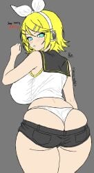 kagamine_rin vocaloid theoneand0din blue_eyes yellow_hair large_breasts huge_breasts talking_to_viewer english_text english english_dialogue headwear headphones hair_ribbon sideboob back_view backboob white_panties panties underwear shorts short_shorts tight_clothing undersized_clothes embarrassed ass huge_ass large_ass thick_thighs thighs thigh_gap looking_at_viewer annoyed anger_vein 1girls skindentation sleveeless_shirt