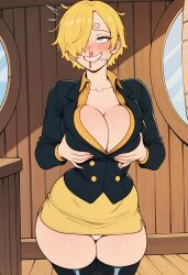 1girl 1girls ai ai_assisted ai_generated blush curvy curvy_figure female female_only fondling fondling_breast fondling_self genderbend genderswap horny loving_it miniskirt nosebleed one_piece prussia123 sanji sanji_(one_piece) self_pleasure sexy sexy_body sexy_clothing sexy_female short_hair suit_jacket thigh_boots touching_self yellow_hair