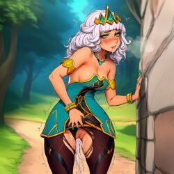 ai ai_generated ai_assisted prussia123 1girls qiyana_yunalai league_of_legends dark-skinned_female white_hair short_hair dress short_dress pantyhose crown jewelry sexy_body sexy_female sexy sexy_clothing fit_female fit defeated after_rape ripped_clothing exhausted leaking_cum crying in_pain
