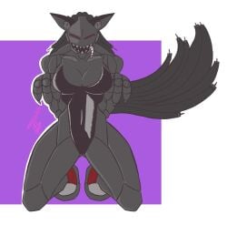 3_fingers arms_raised arms_up big_breasts dog_ears dog_girl jorbothegoof leotard metal_tongue metallic_body original_character robot_girl simple_background tagme tail two-tone_background watermark