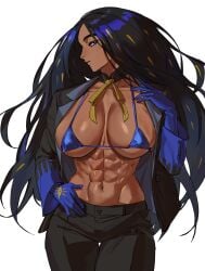 enargeia enargeia5525 geeta_(pokemon) pokemon tagme black_hair long_hair looking_at_viewer side_eye open_clothes jacket seductive pants tight_clothing wide_hips thick_thighs voluptuous breasts large_breasts bikini_top abs fit fit_female navel gloves collar