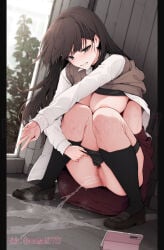 1girls artist_name black_bra black_panties blush bra bra_lift breasts brown_hair cardigan cardigan_vest clenched_teeth female kokomachi large_breasts long_hair looking_at_viewer nipples original original_character panties panty_pull pee_puddle pee_squat_outdoors peeing phone puddle pussy school_uniform shirt shirt_lift skirt sweat underwear vest vest_lift